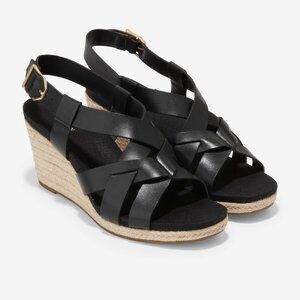 Cole Haan Crystal Leather Espadrille Wedge Heel Sandal Black Strappy Size 9.5